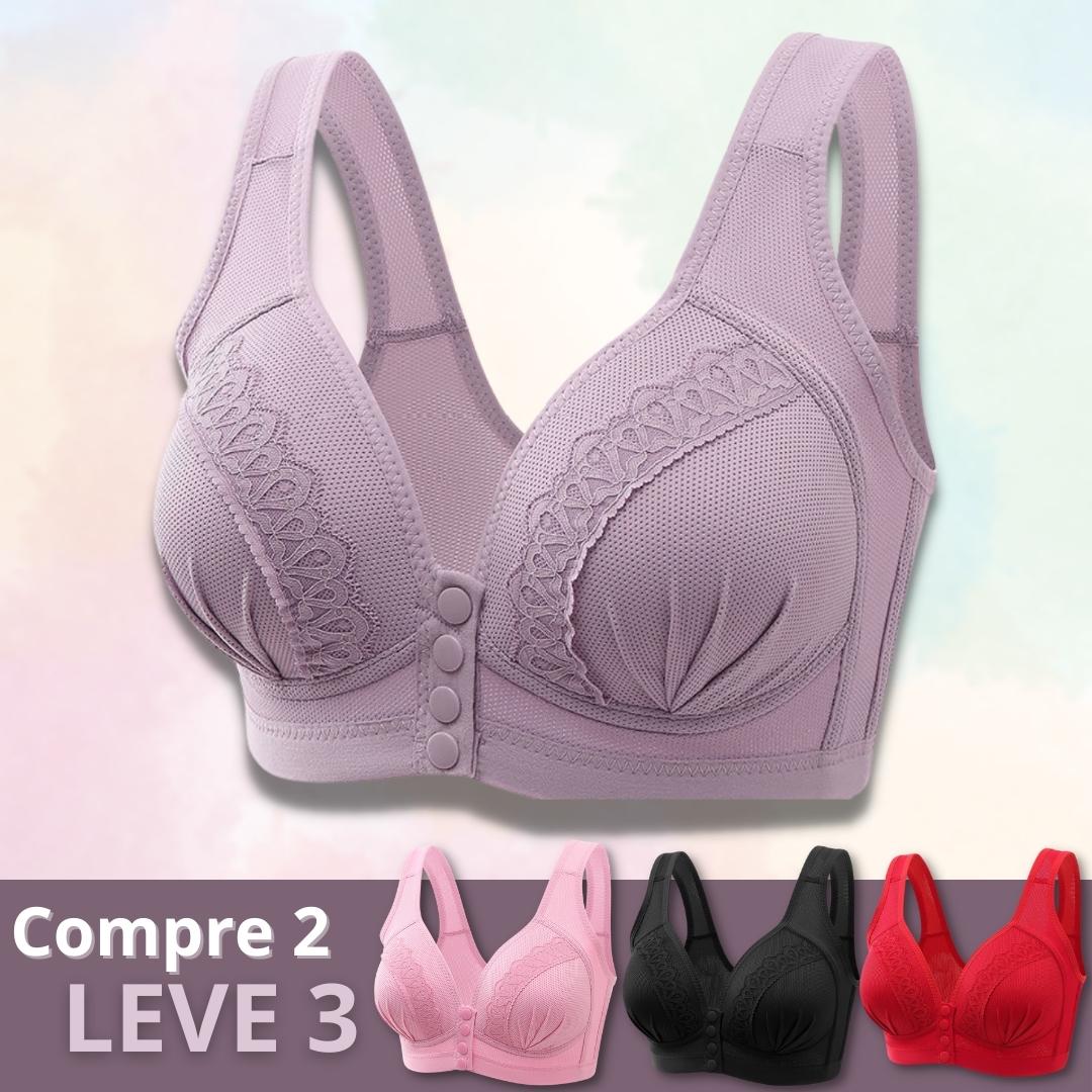 Sutiã com botões frontais, sem aros que machucam. Mais conforto e elegância.