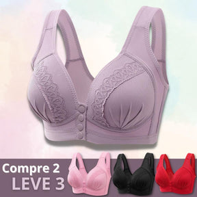 Sutiã com botões frontais, sem aros que machucam. Mais conforto e elegância.